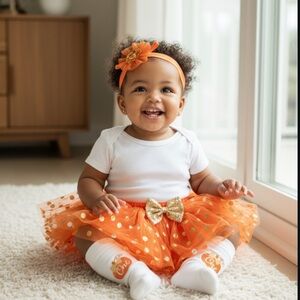 Orange Fall Tutu Baby Outfit with Gold Accents One Year Old